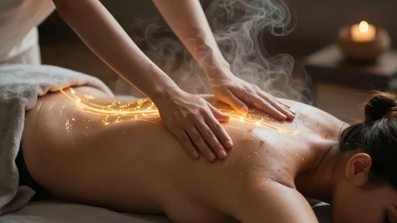 Tantrická masáž s jemným dotekem a zlatými energetickými čárami proudícími po těle.