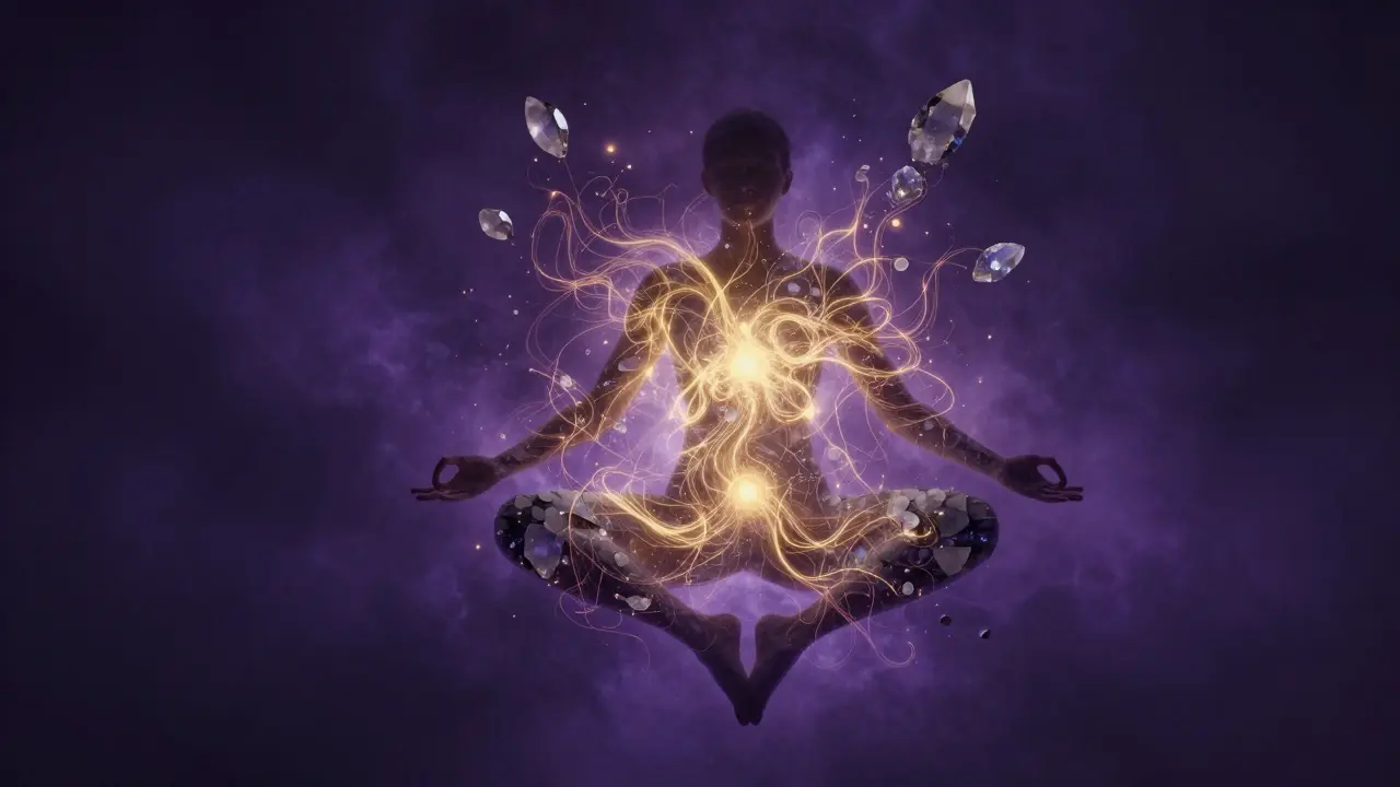 Abstraktní zobrazení zlaté energie prorážející šedé blokády v lidském těle.