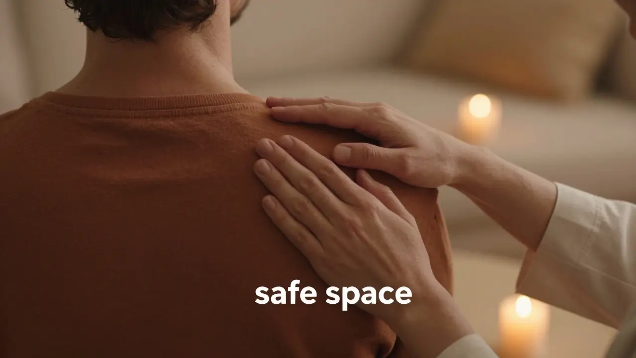 Detail jemného doteku rukou na rameni v teplém, uklidňujícím prostředí.