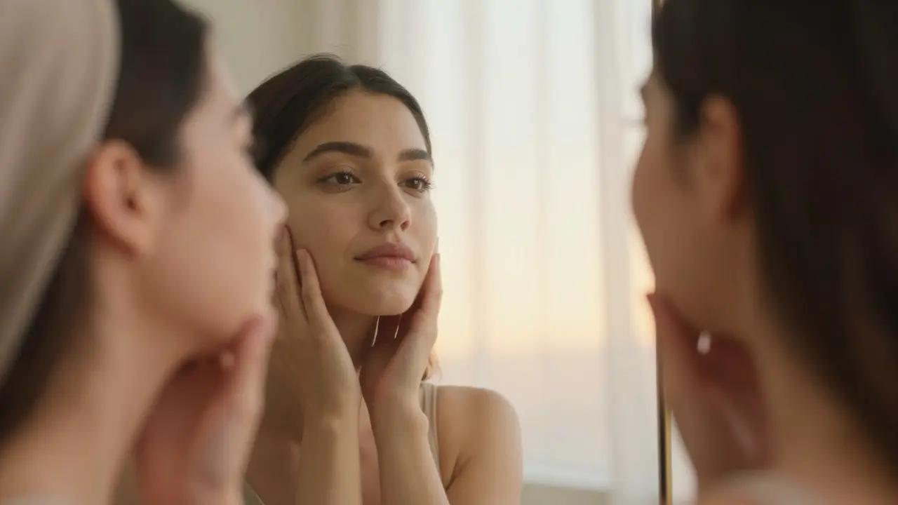 Detail osoby hledící do zrcadla s výrazem klidu a přijetí svého těla.