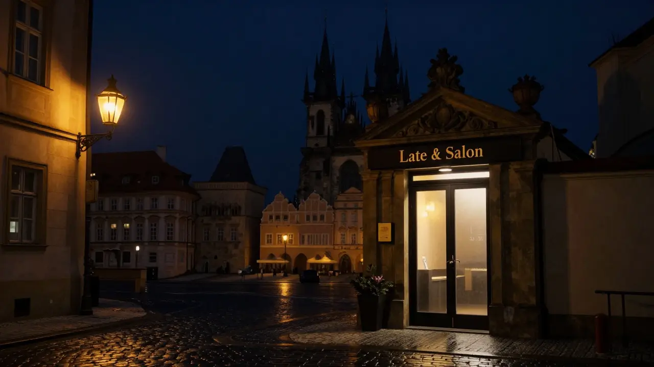 Elegantní vchod do nočního masážního salonu v historickém centru Prahy.