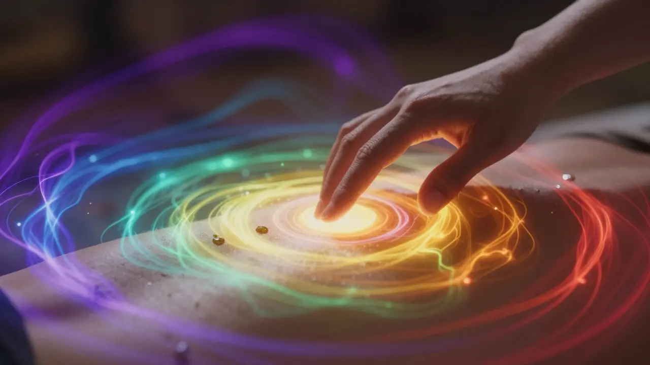 Kartistické zobrazení jemného doteku s aromatickým olejem a svítícími energetickými čakrami.