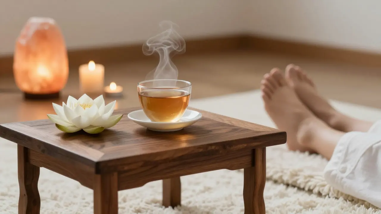Klidné prostředí s šálkem čaje a svíčkami po tantrickém rituálu
