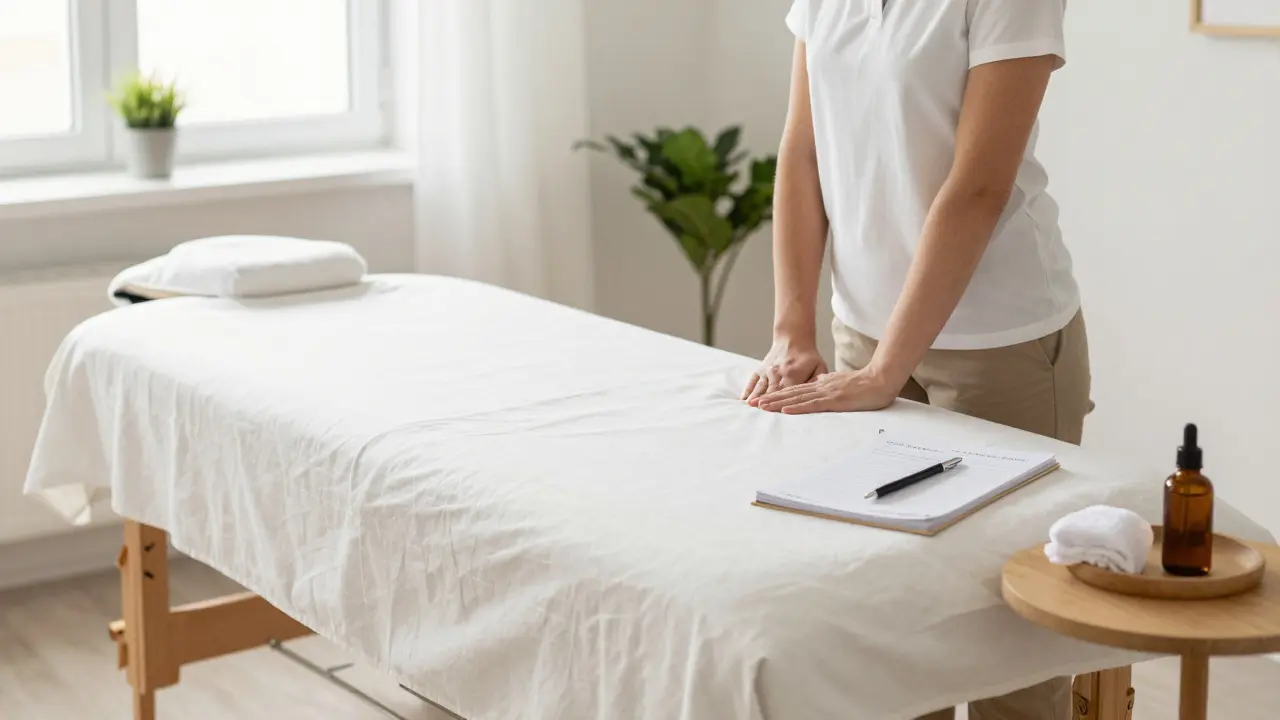 Klidně zařízený prostor pro domácí trénink tantrické masáže s olejem azáznamníkem.