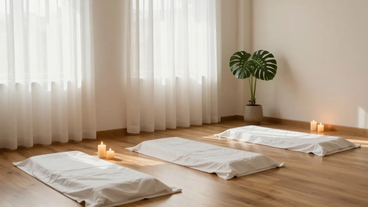 Klidný a minimalistický interiér tantrického studia s plány a svíčkami.