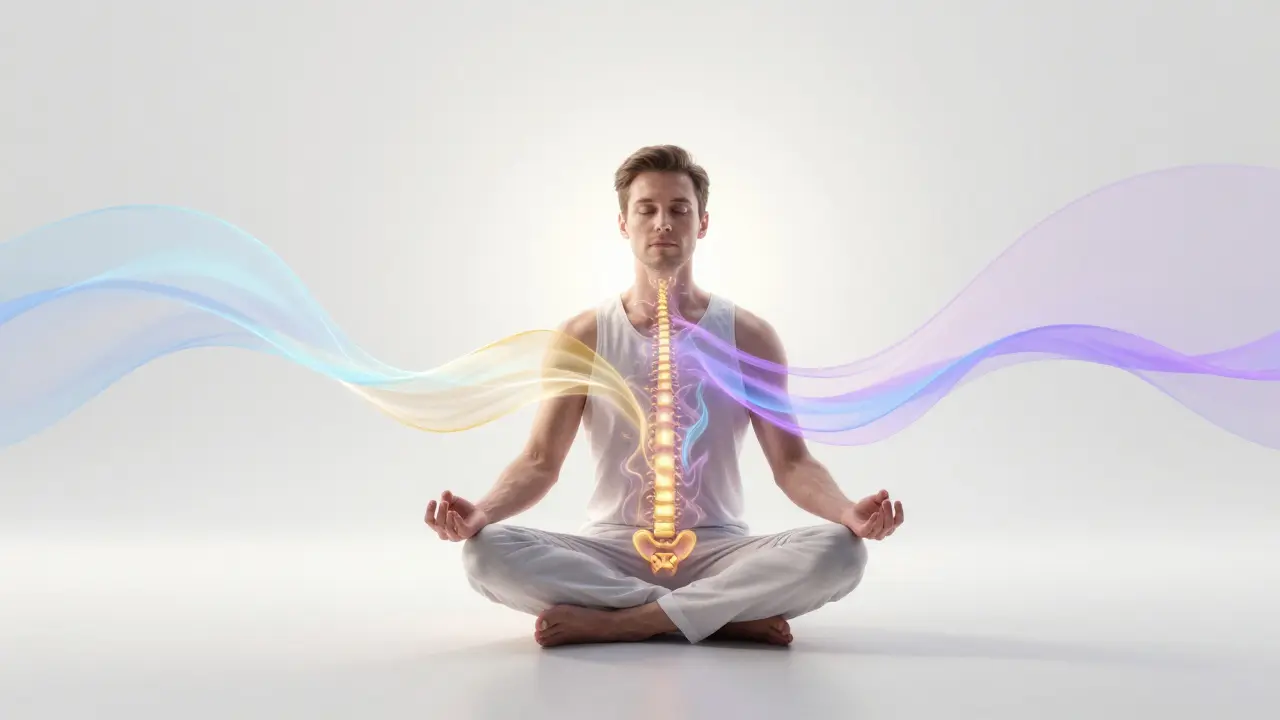 Meditující muž obklopený svítícími energetickými proudy v bílém prostoru.