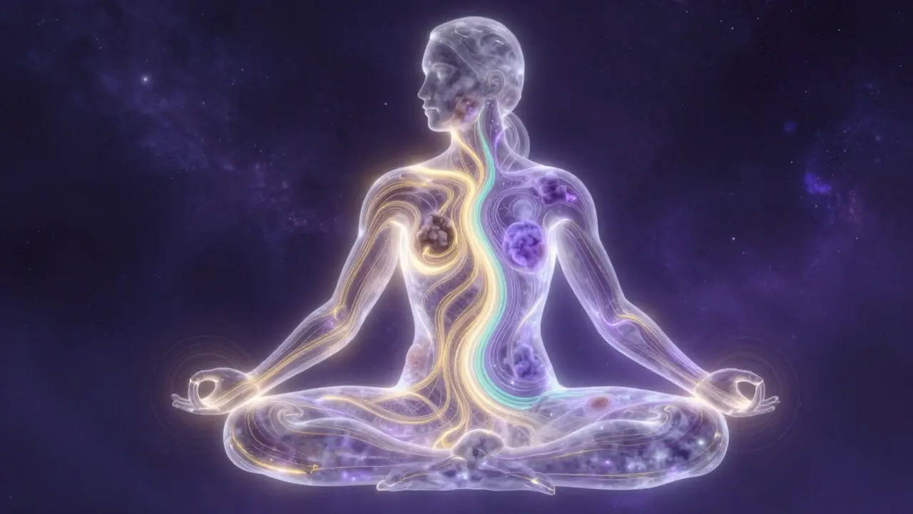 Umělecké znázornění energetických drah a proudění světla v lidském těle.