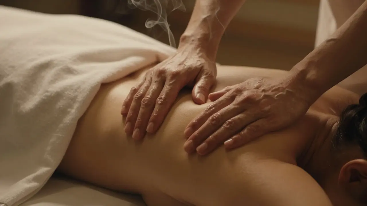 Umělecký detail jemného dotyku rukou při čtyřruční masáži