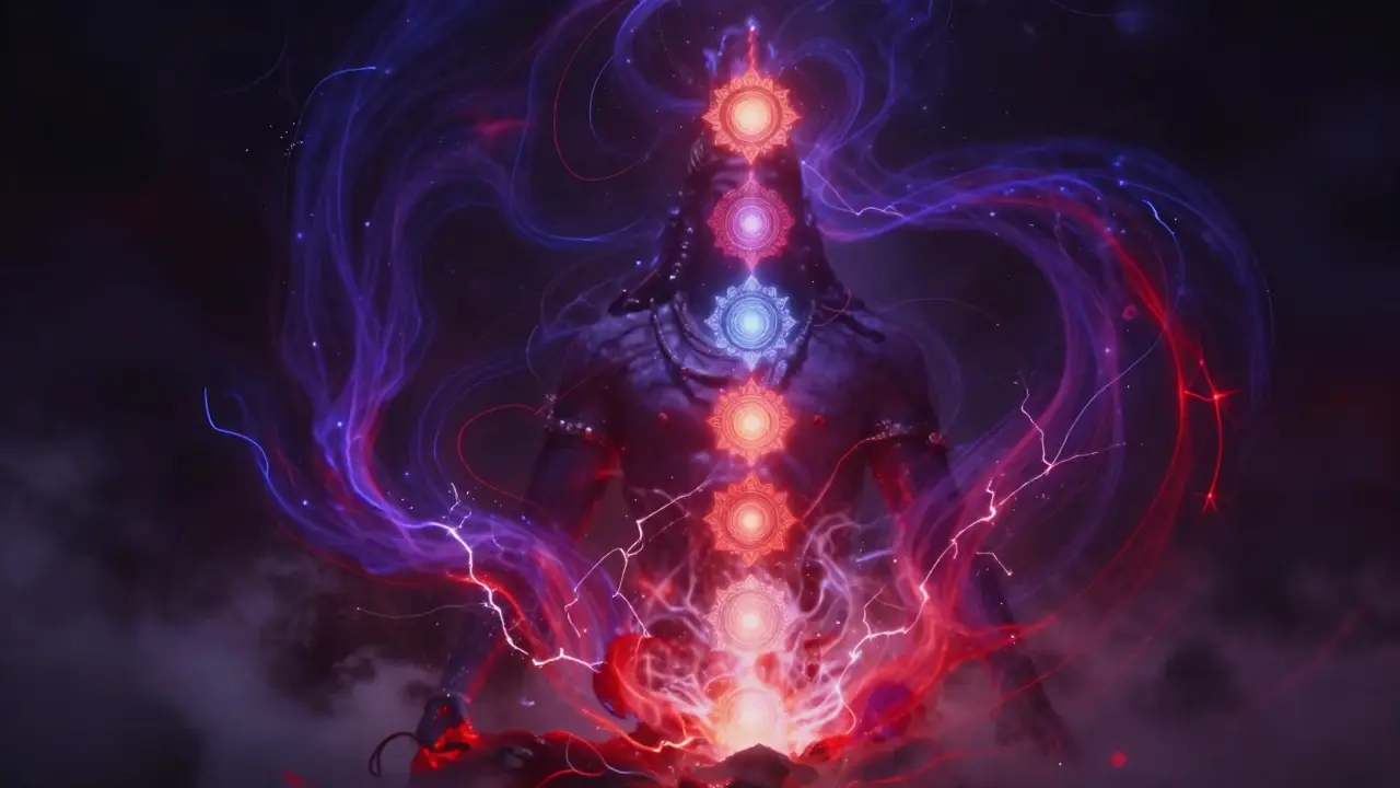 Abstraktní vizualizace energie Kundalini a čakr