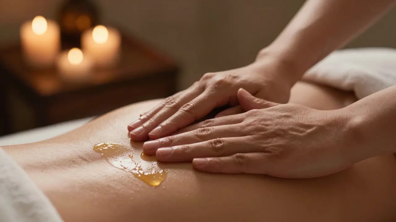 Detailní záběr na terapeutickou masáž s olejem