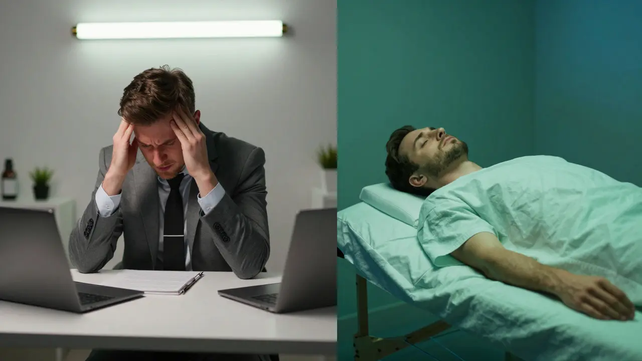 Kontrast mezi stresem v kanceláři a relaxací