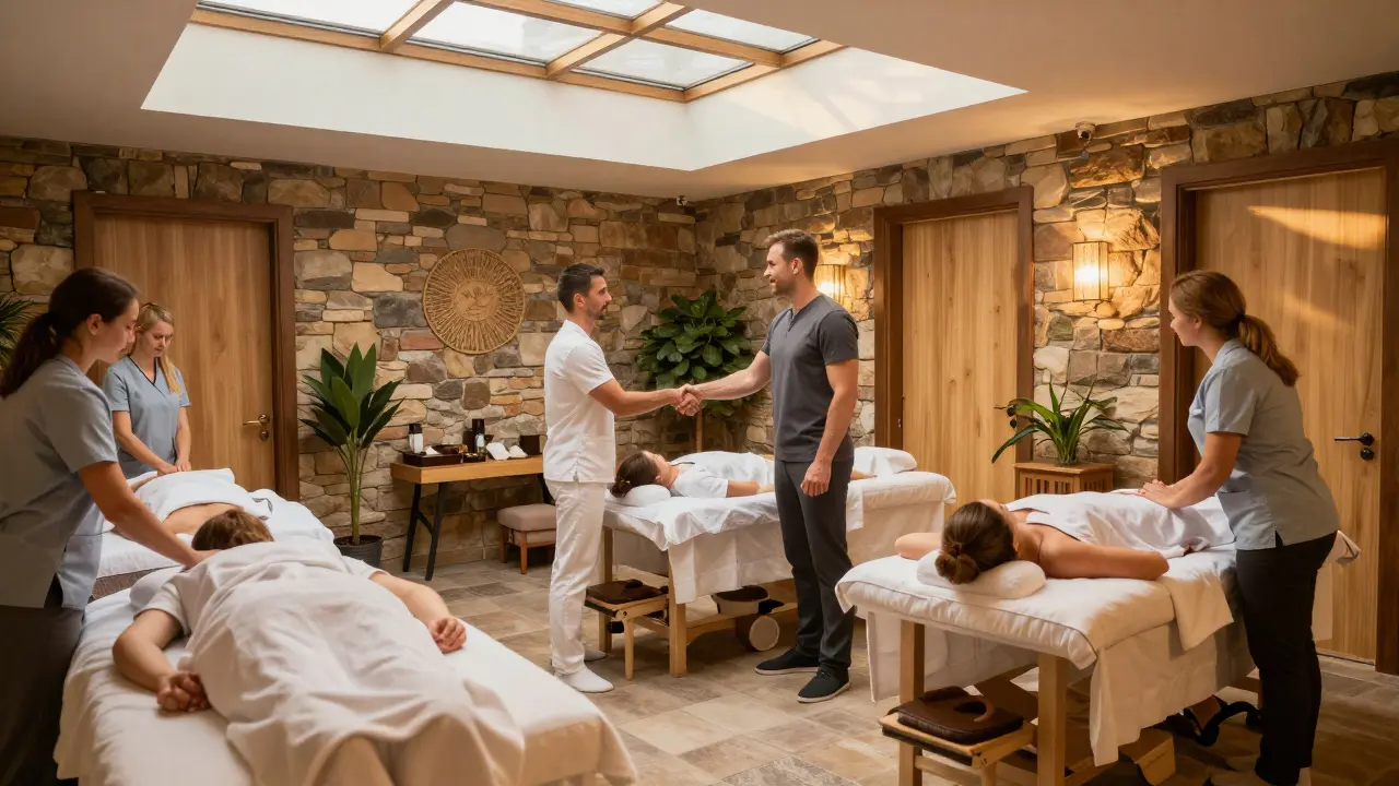 Úspěšný masér v luxusním wellness hotelu při práci