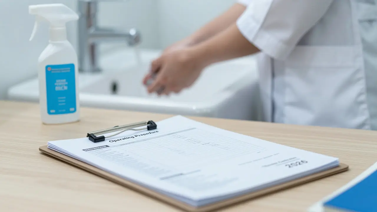 Certifikace terapeuta a dezinfekční prostředky na stole