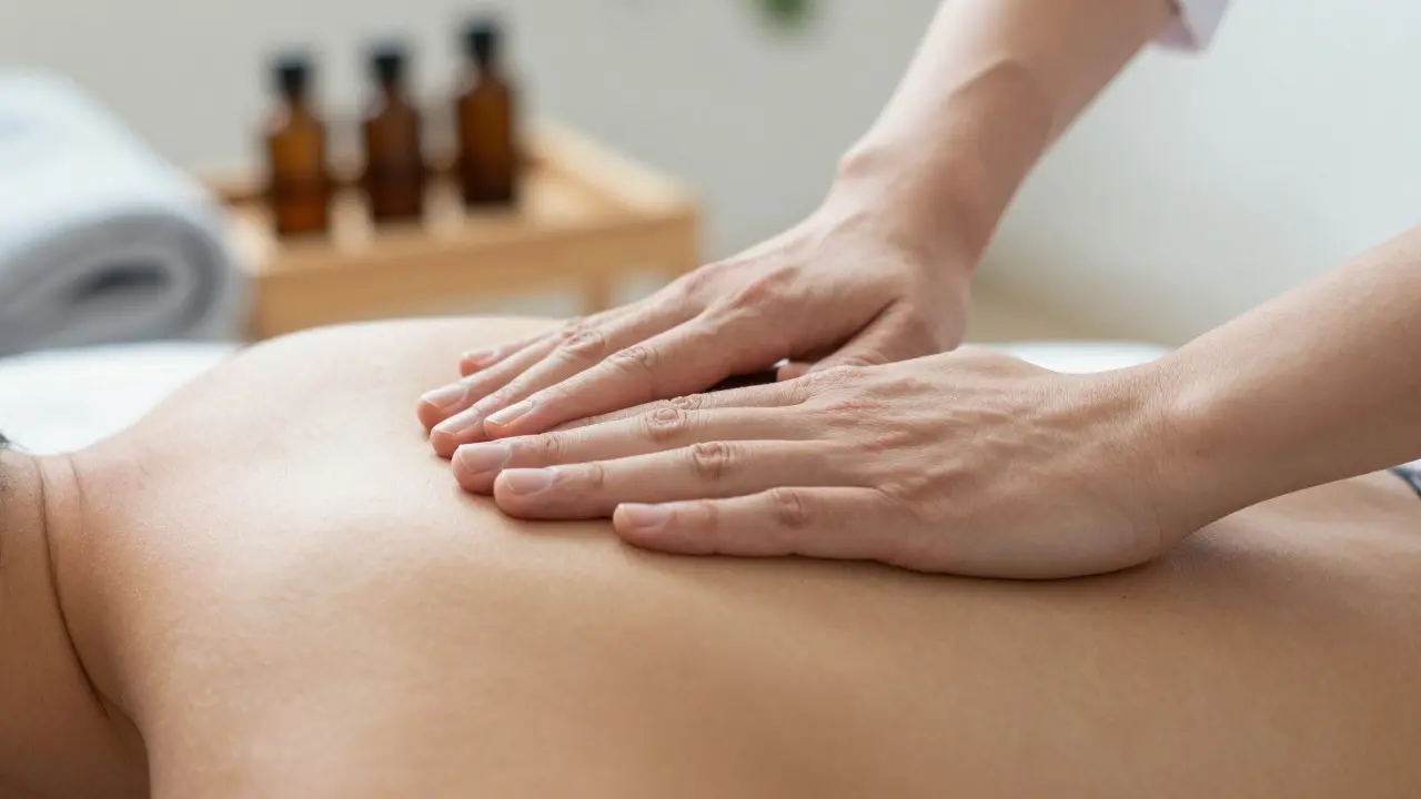 Ruce terapeuta na rameni klienta symbolizující odbornost a péči