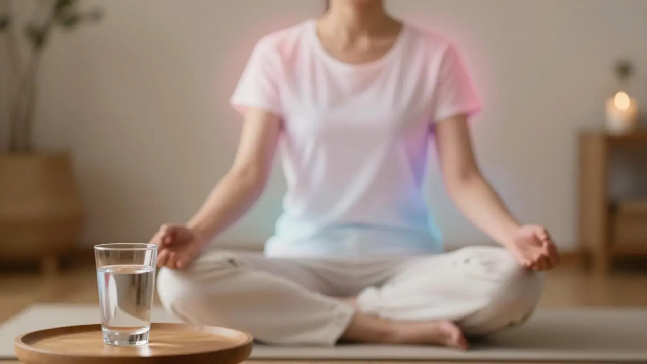 Člověk v meditaci s jemnou energetickou aurou kolem těla