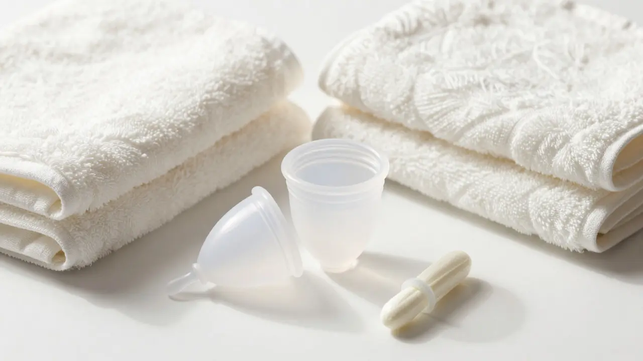 Menstruační kalíšek a ručníky na čistém povrchu