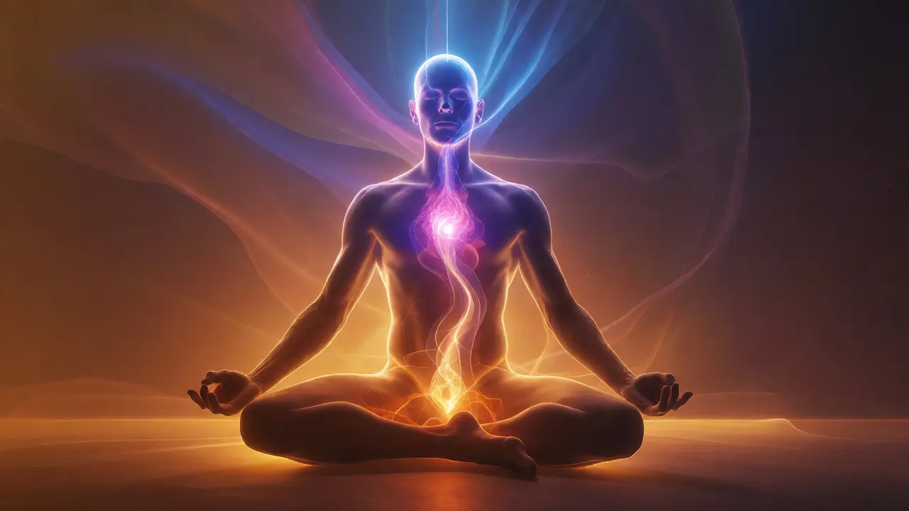 Vizualizace toku energie z pánevní oblasti nahoru k srdci v meditační poloze
