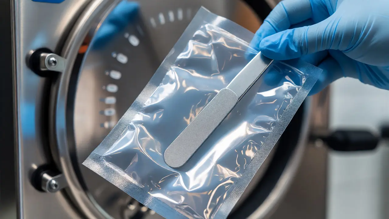 Sterilizovaný pilník vytažený z obalu před klientem